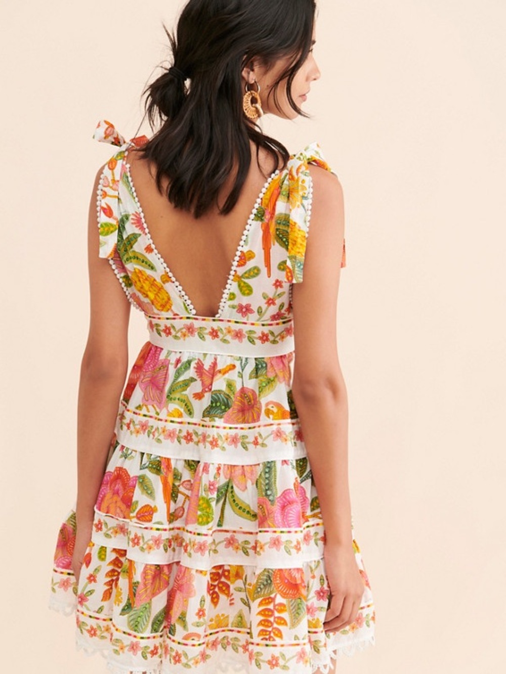 FARM Rio Cotton White Floral Mini Dress with Pink, Orange and Green Print - Picture 3 of 12